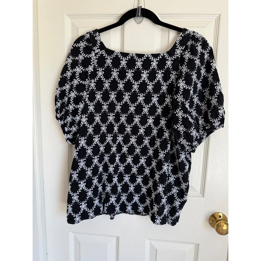 LOFT Black White Eyelet Embroidered Square Neck Puff Sleeve Top Blouse XXL